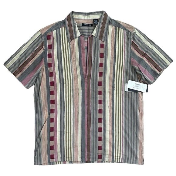 Kenneth Cole Mens Bohemian Short Sleeve Shirt Sz XL Indian Ethnic Striped Patch - Picture 1 of 9